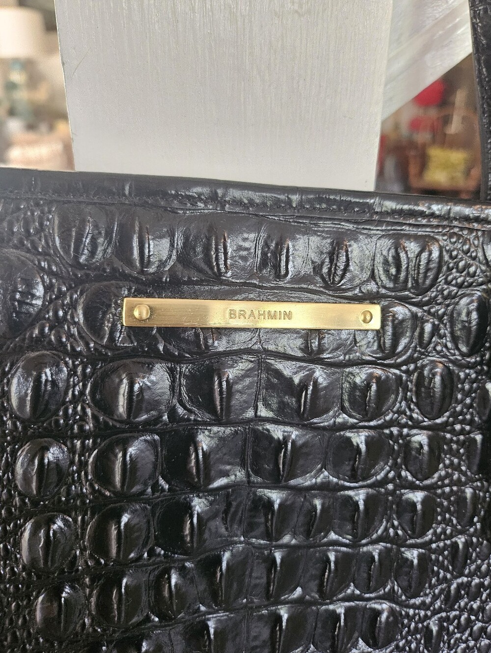 Brahmin Asher Tote Black Croc-Embossed Tote Bag with Gold Hardware - Picture 3 of 12